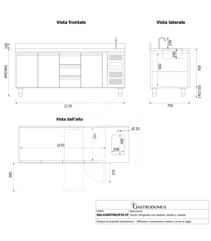 Tavolo refrigerato 3 cassetti 3 porte con lavello e alzatina, Prof. 700 mm, temp. +2°C/+8°C, completo di rubinetto