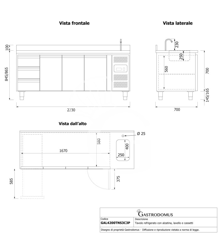 Tavolo refrigerato 3 cassetti a sinistra, 3 porte, lavello, rubinetto e alzatina, P 700 mm, +2°C/+8°C