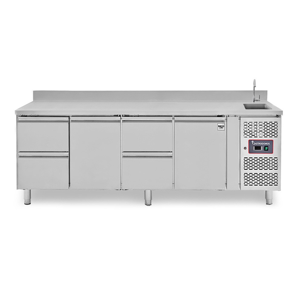 Tavolo refrigerato 4 cassetti, 2 porte, lavello, alzatina e rubinetto, P 700 mm, +2°C/+8°C
