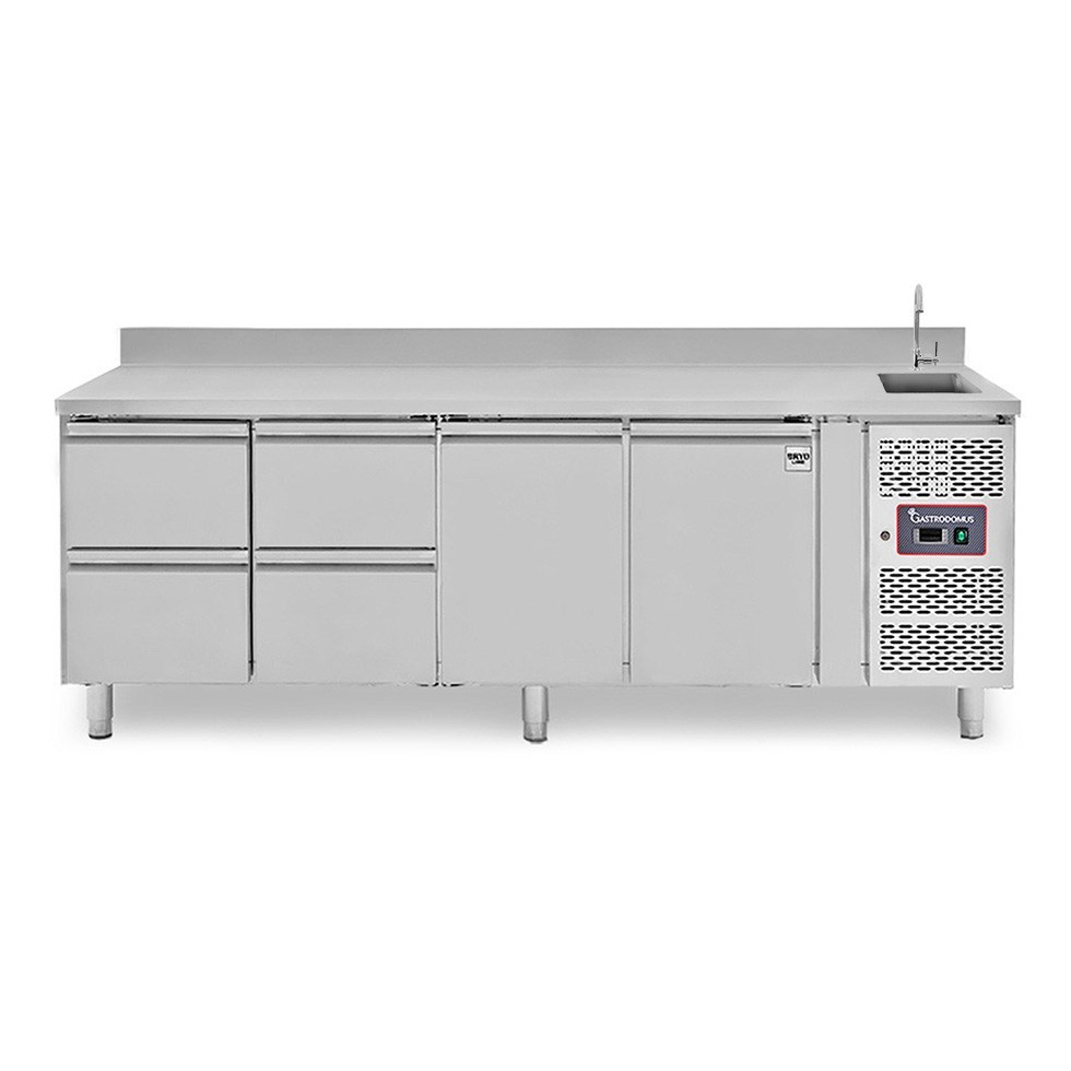 Tavolo refrigerato 4 cassetti a sinistra, 2 porte, lavello rubinetto e alzatina, P 700 mm, +2°C/+8°C