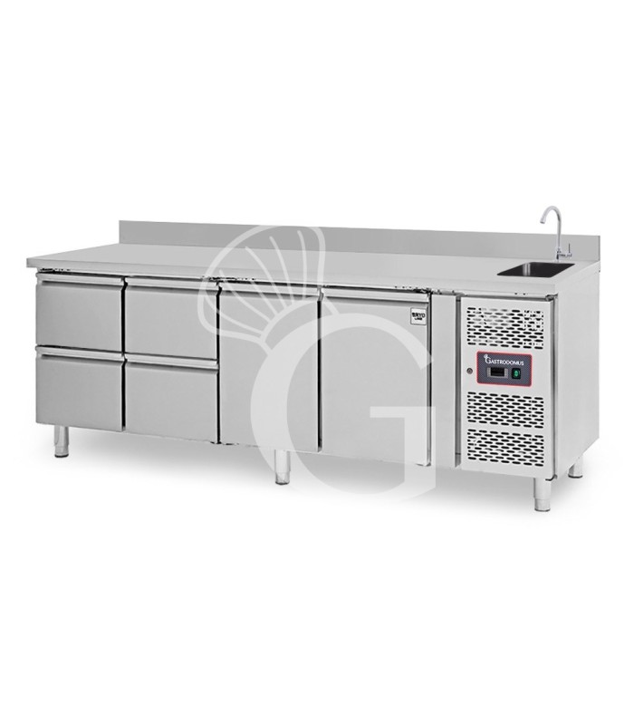 Tavolo refrigerato 4 cassetti a sinistra, 2 porte, lavello rubinetto e alzatina, P 700 mm, +2°C/+8°C