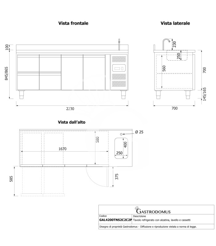 Tavolo refrigerato 4 cassetti a sinistra, 2 porte, lavello rubinetto e alzatina, P 700 mm, +2°C/+8°C