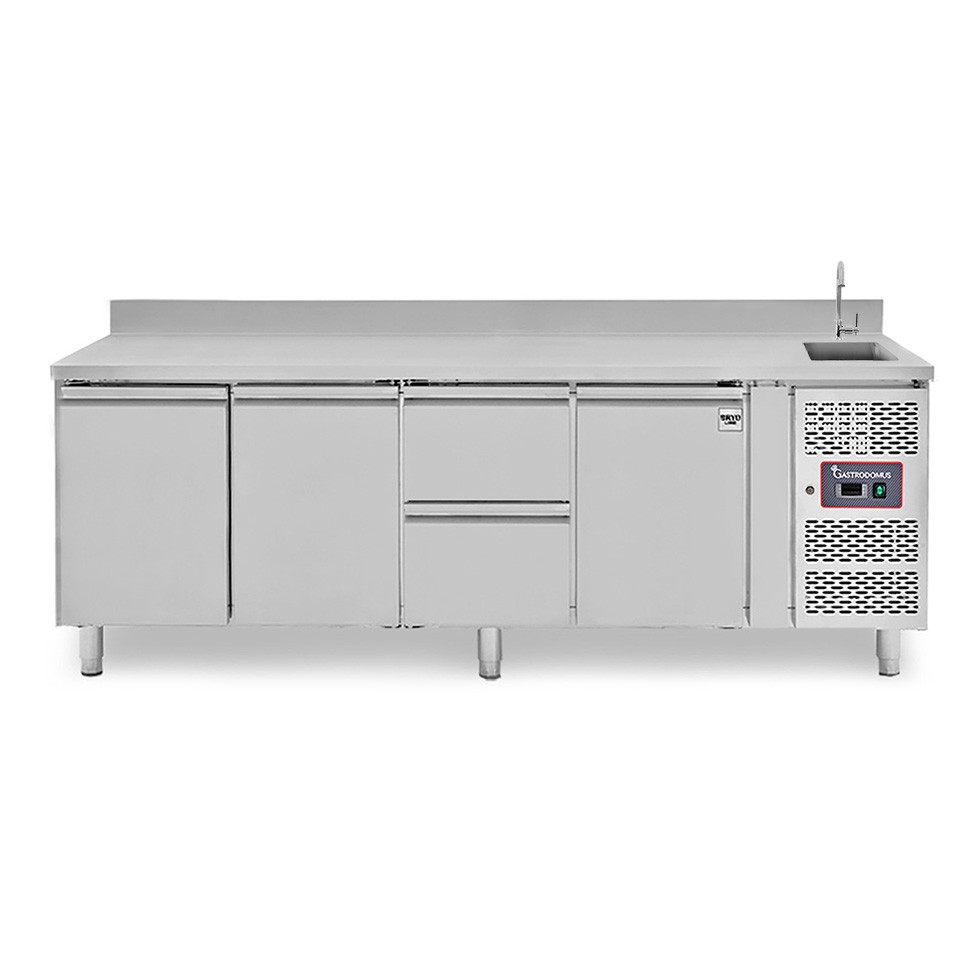 Tavolo refrigerato 2 cassetti centrale destro, 3 porte, lavello, rubinetto e alzatina, P 700 mm, +2°C/+8°C