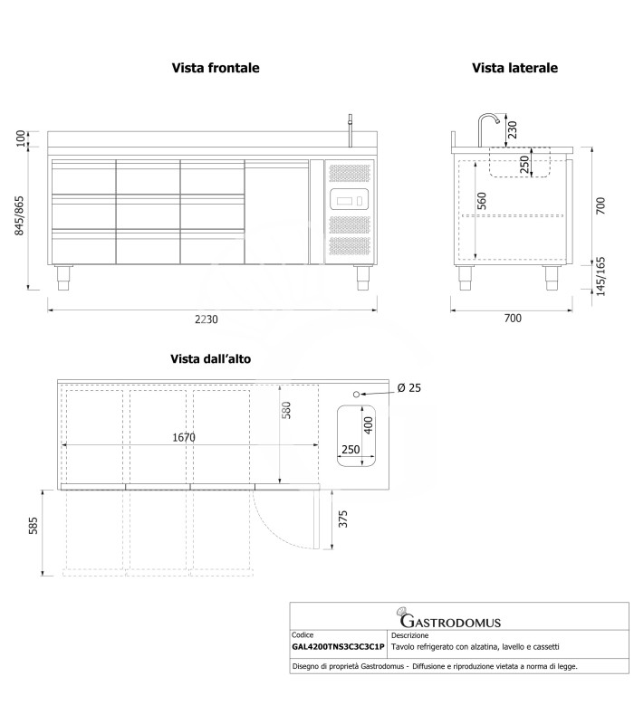 Tavolo refrigerato 9 cassetti 1 porta con lavello e alzatina, Prof. 700 mm, temp. +2°C/+8°C, completo di rubinetto
