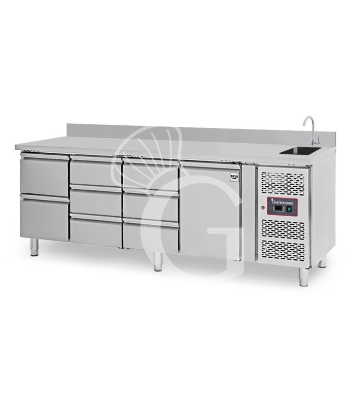 Tavolo refrigerato, 1 porta, 8 cassetti, lavello, rubinetto, alzatina, P 700 mm, +2°C/+8°C