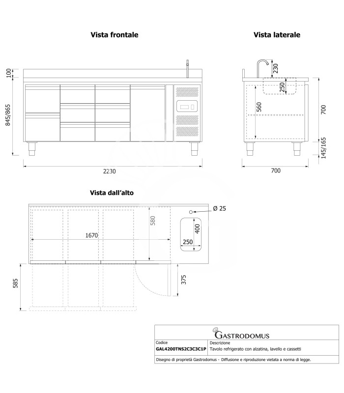 Tavolo refrigerato, 1 porta, 8 cassetti, lavello, rubinetto, alzatina, P 700 mm, +2°C/+8°C
