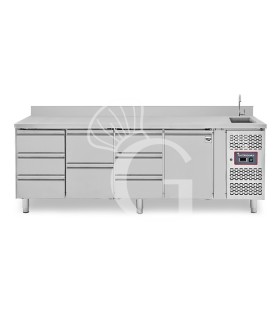 Tavolo refrigerato con lavello, rubinetto, alzatina, 1 porta, 8 cassetti, P 700 mm, +2°C/+8°C