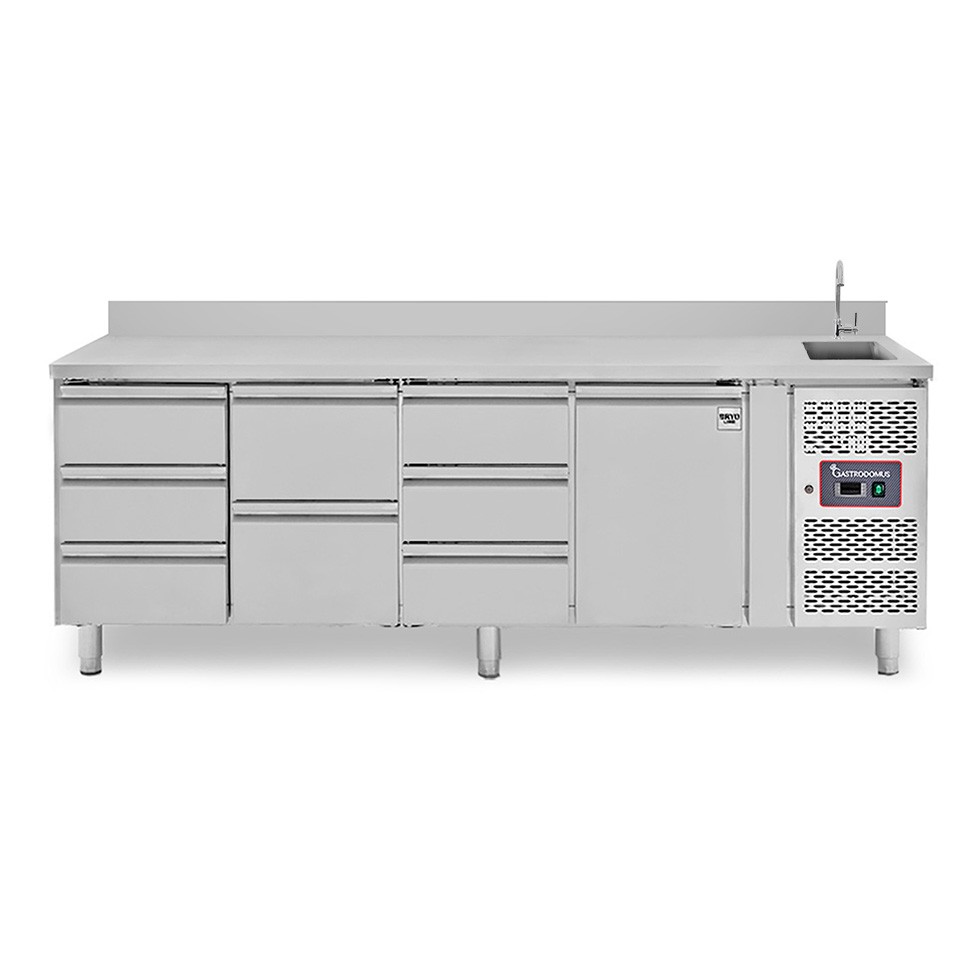 Tavolo refrigerato con lavello, rubinetto, alzatina, 1 porta, 8 cassetti, P 700 mm, +2°C/+8°C
