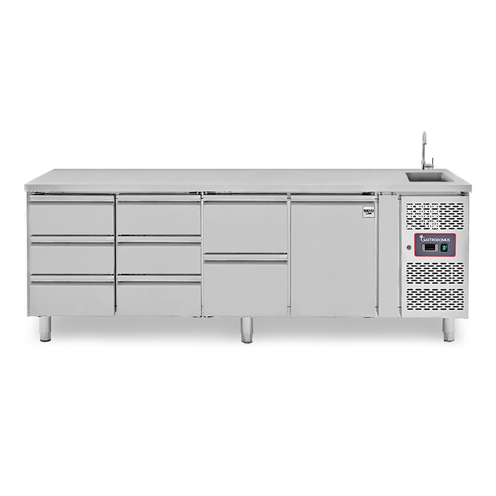 Tavolo refrigerato con lavello, rubinetto, 1 porta, 8 cassetti, P 700 mm, +2°C/+8°C