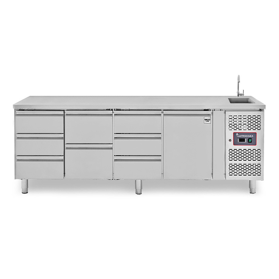 Tavolo refrigerato con 8 cassetti, 1 porta, lavello, rubinetto, P 700 mm, +2°C/+8°C