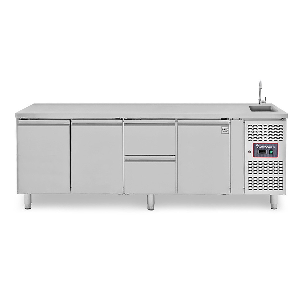 Tavolo refrigerato 2 cassetti centrale destro, 3 porte, lavello e rubinetto, P 700 mm, +2°C/+8°C