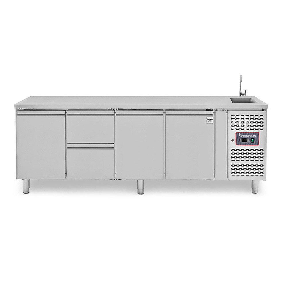 Tavolo refrigerato 2 cassetti centrale sinistro, 3 porte, lavello e rubinetto, P 700 mm, +2°C/+8°C