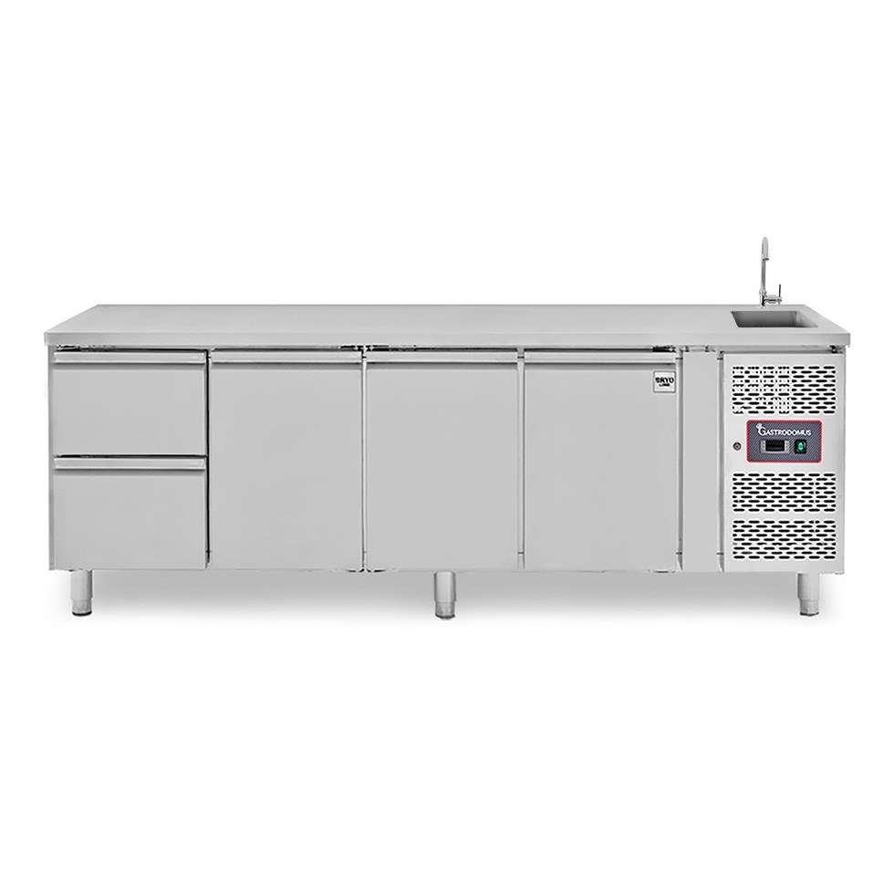 Tavolo refrigerato 2 cassetti a sinistra, 3 porte, lavello e rubinetto, P 700 mm, +2°C/+8°C