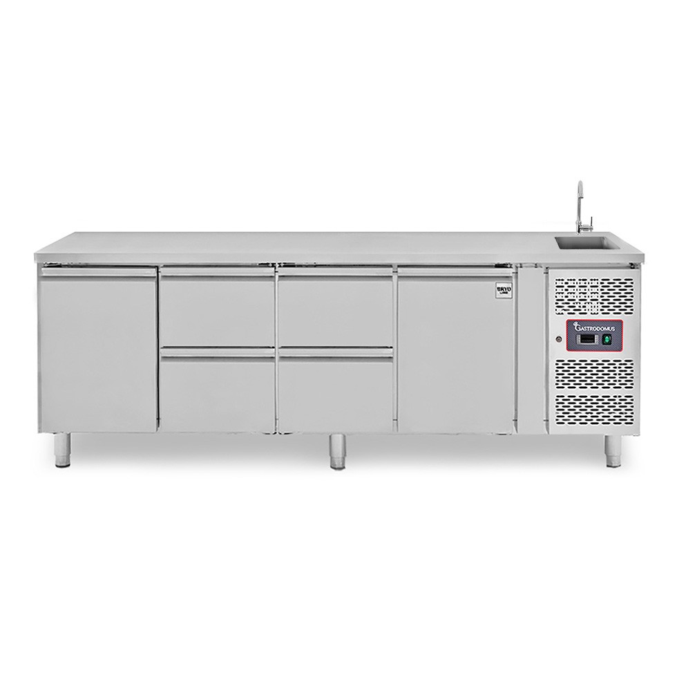 Tavolo refrigerato 4 cassetti centrali, 2 porte, lavello, rubinetto, P 700 mm, +2°C/+8°C