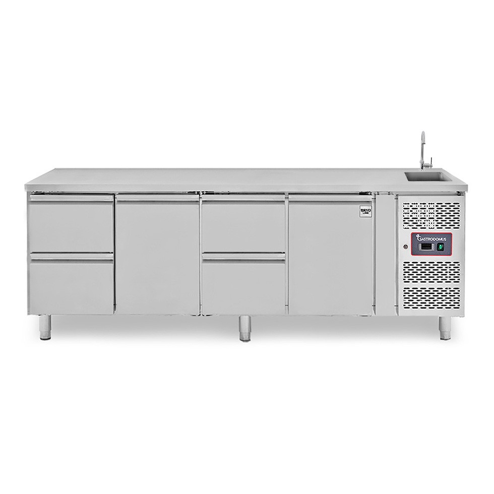 Tavolo refrigerato 4 cassetti, 2 porte, lavello, rubinetto, P 700 mm, +2°C/+8°C