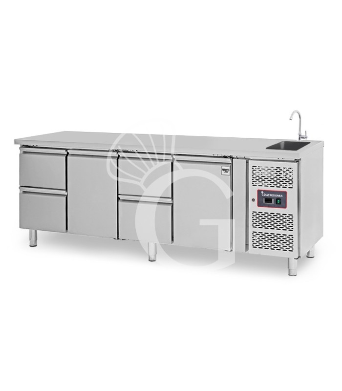 Tavolo refrigerato 4 cassetti, 2 porte, lavello, rubinetto, P 700 mm, +2°C/+8°C