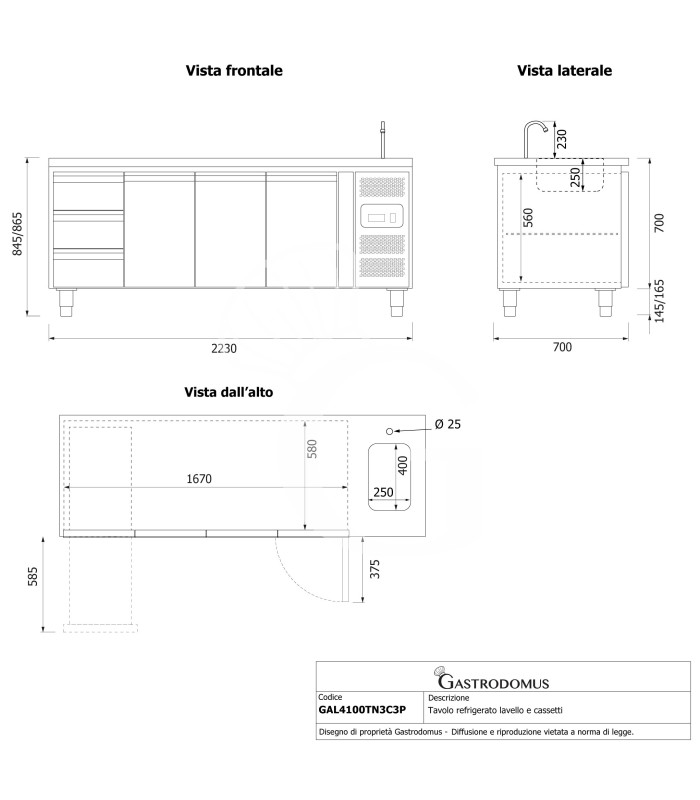 Tavolo refrigerato 3 cassetti 3 porte con lavello, Prof. 700 mm, temp. +2°C/+8°C, completo di rubinetto