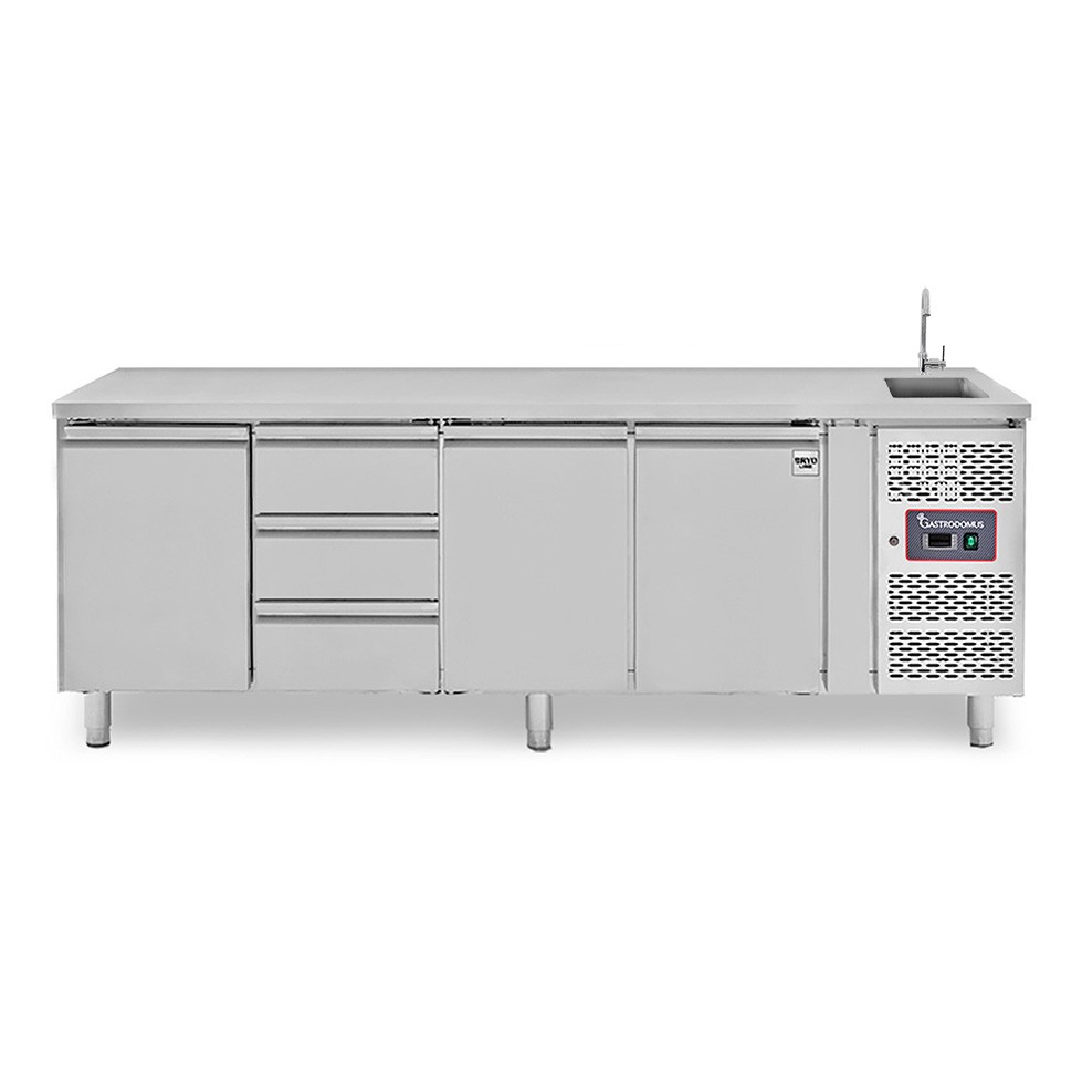 Tavolo refrigerato 3 cassetti 3 porte con lavello, Prof. 700 mm, temp. +2°C/+8°C, completo di rubinetto