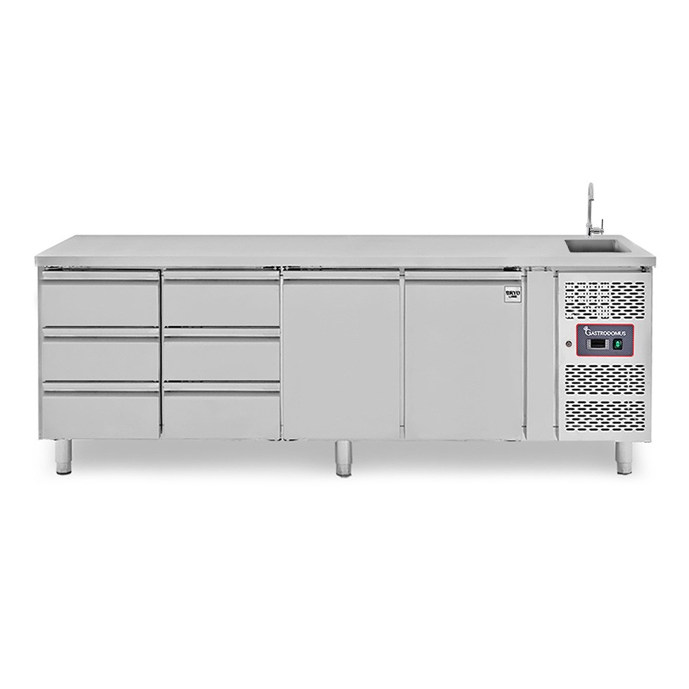 Tavolo refrigerato 6 cassetti 2 porte con lavello, Prof. 700 mm, temp. +2°C/+8°C, completo di rubinetto