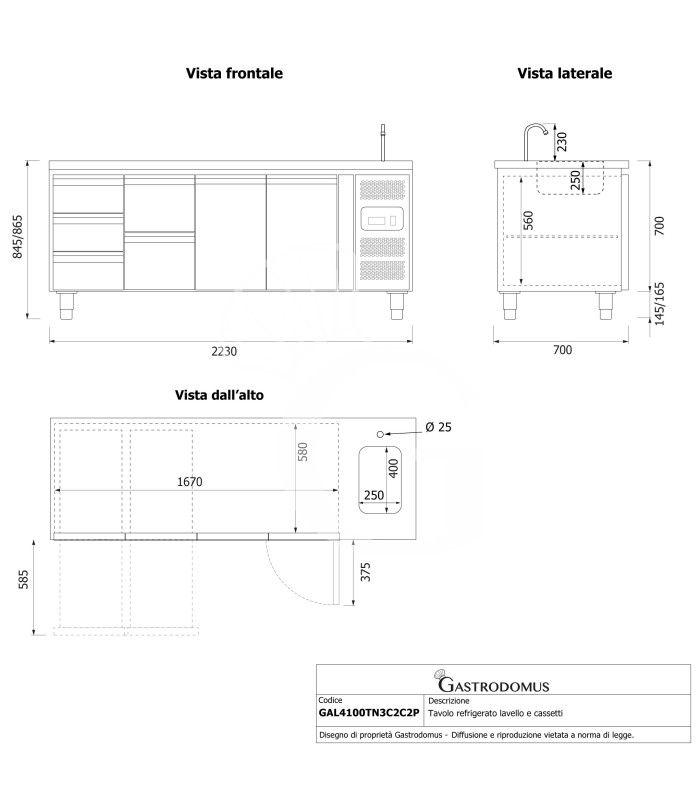 Tavolo refrigerato 6 cassetti 2 porte con lavello, Prof. 700 mm, temp. +2°C/+8°C, completo di rubinetto