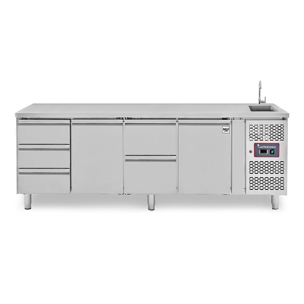 Tavolo refrigerato 5 cassetti + 2 porte alternati, lavello, rubinetto, P 700 mm, +2°C/+8°C