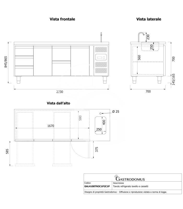 Tavolo refrigerato 5 cassetti + 2 porte alternati, lavello, rubinetto, P 700 mm, +2°C/+8°C