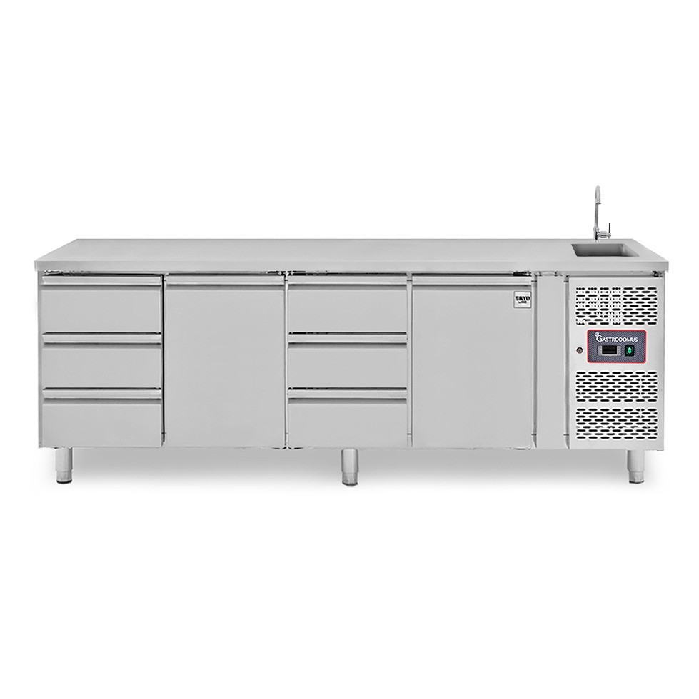 Tavolo refrigerato 6 cassetti 2 porte con lavello, Prof. 700 mm, temp. +2°C/+8°C, completo di rubinetto