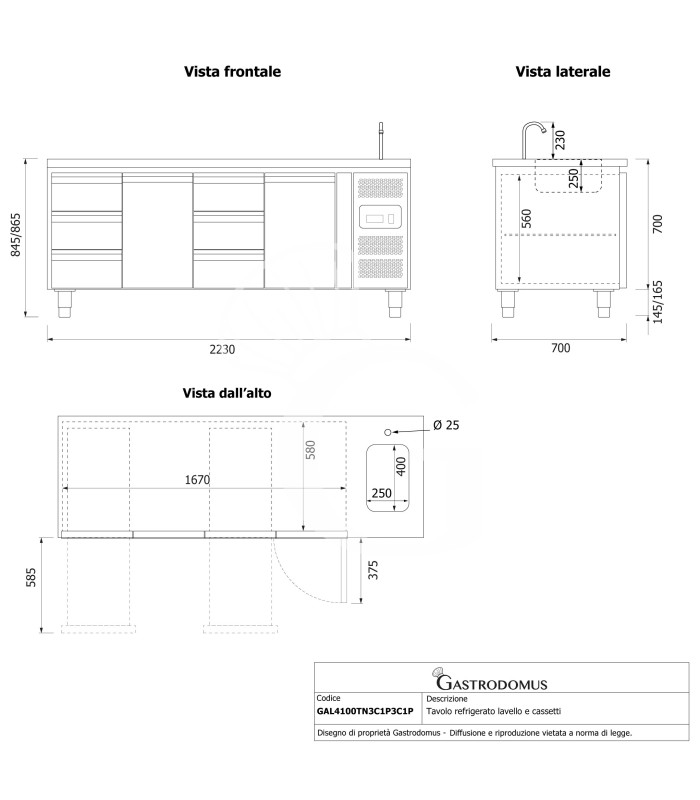 Tavolo refrigerato 6 cassetti 2 porte con lavello, Prof. 700 mm, temp. +2°C/+8°C, completo di rubinetto