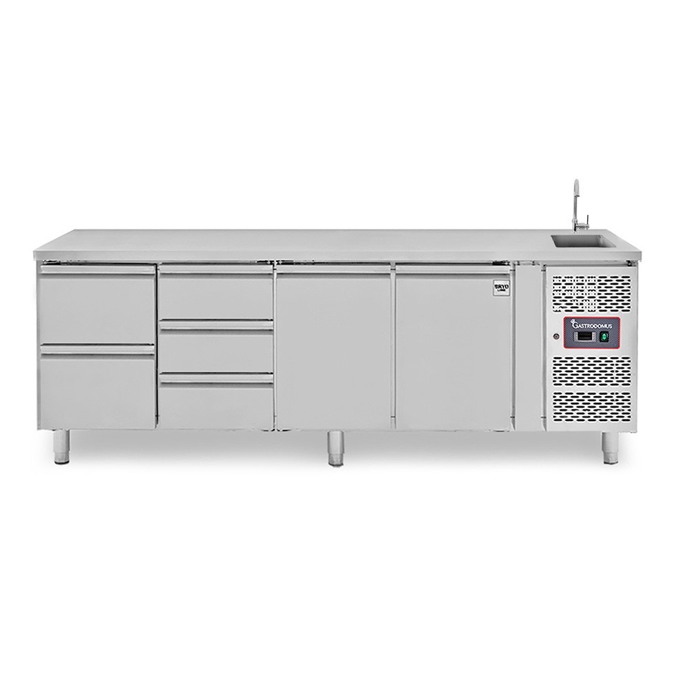 Tavolo refrigerato 5 cassetti 2+3 a sinistra, 2 porte, lavello, rubinetto, P 700 mm, +2°C/+8°C