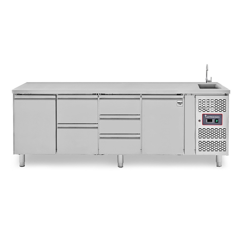 Tavolo refrigerato 5 cassetti 2+3 centrali, 2 porte, lavello, rubinetto, P 700 mm, +2°C/+8°C