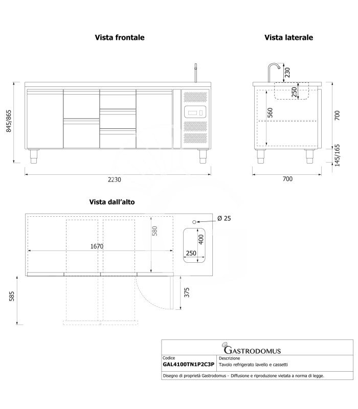 Tavolo refrigerato 5 cassetti 2+3 centrali, 2 porte, lavello, rubinetto, P 700 mm, +2°C/+8°C