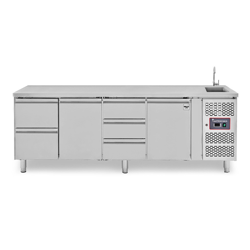Tavolo refrigerato 2 porte + 5 cassetti alternati, lavello, rubinetto, P 700 mm, +2°C/+8°C