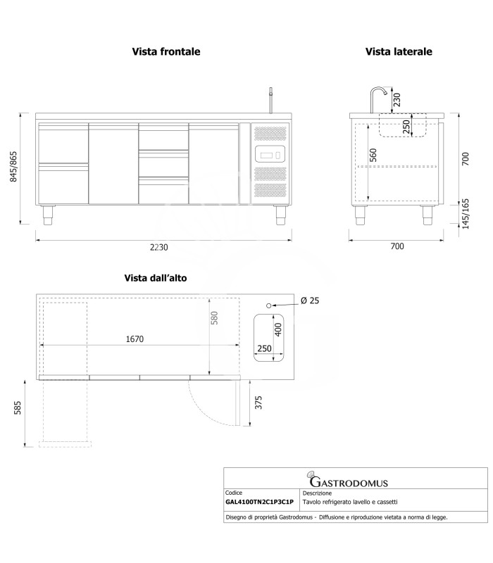 Tavolo refrigerato 2 porte + 5 cassetti alternati, lavello, rubinetto, P 700 mm, +2°C/+8°C