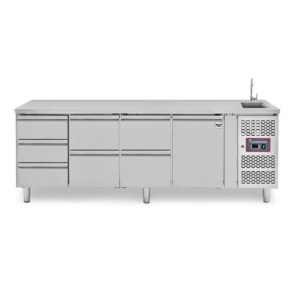 Tavolo refrigerato 7 cassetti, 1 porta, lavello, rubinetto, P 700 mm, +2°C/+8°C