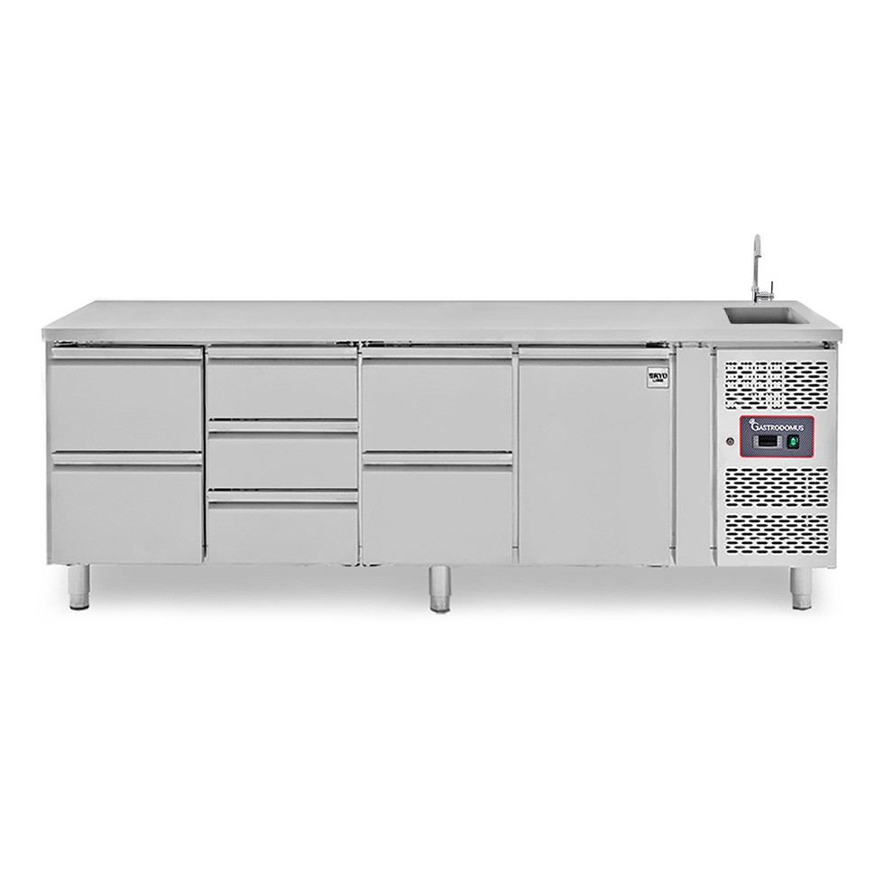 Tavolo refrigerato 1 porta + 7 cassetti, lavello, rubinetto, P 700 mm, +2°C/+8°C