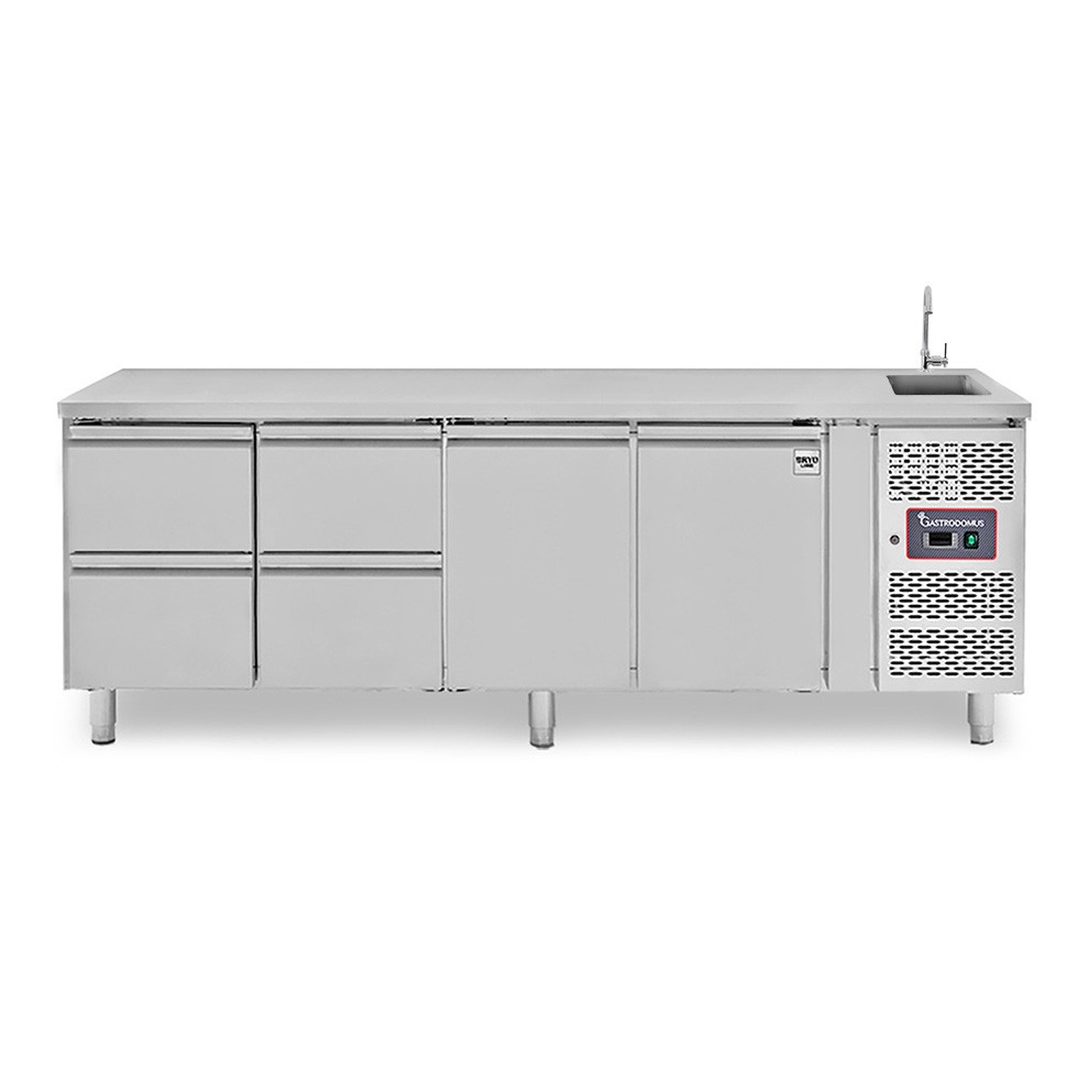 Tavolo refrigerato 4 cassetti a sinistra, 2 porte, lavello, rubinetto, P 700 mm, +2°C/+8°C
