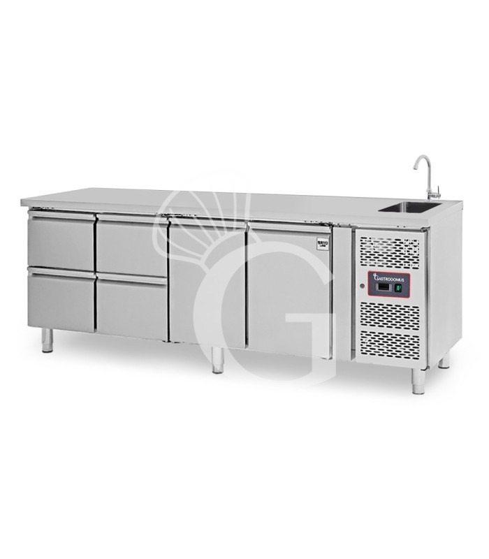 Tavolo refrigerato 4 cassetti a sinistra, 2 porte, lavello, rubinetto, P 700 mm, +2°C/+8°C