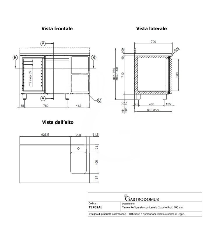 Tavolo Refrigerato con Lavello 2 porte alzatina Prof. 700 mm 0°C/+10°C Classe energetica A