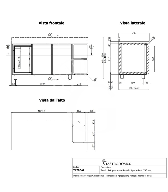 Tavolo Refrigerato con Lavello 3 porte alzatina Prof. 700 mm 0°C/+10°C Classe energetica A