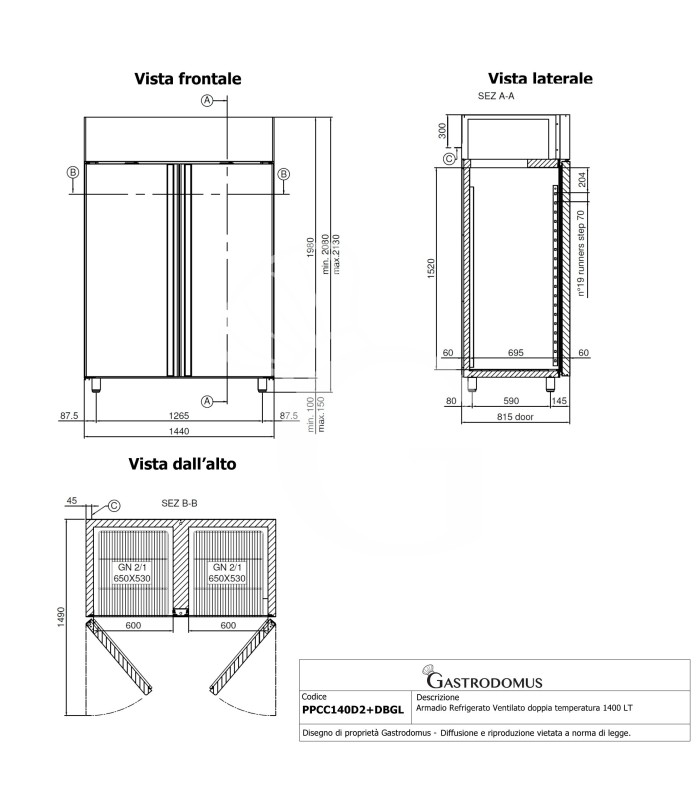 Armadio Refrigerato Ventilato doppia temperatura 2 porte vetro -2°/+10°C e -18°/-22°C