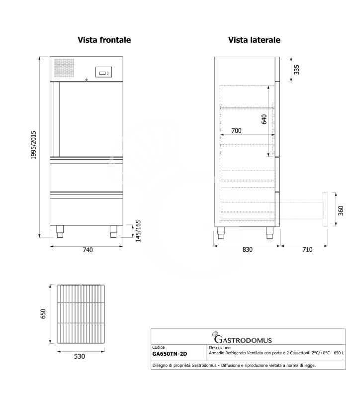 Armadio Refrigerato Ventilato con porta e 2 Cassettoni -2°C/+8°C - 650 LT classe energetica D