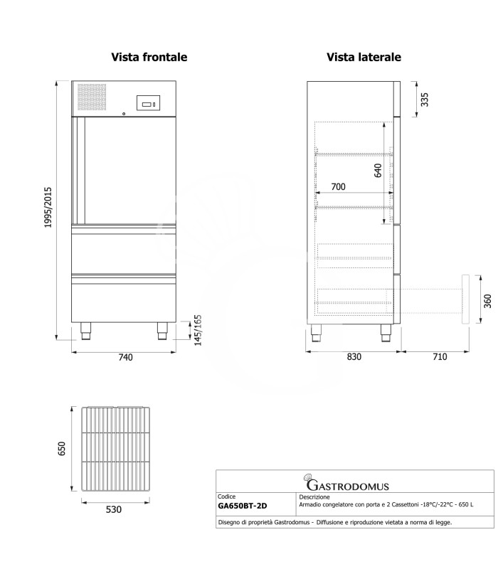 Armadio Congelatore Ventilato con porta e 2 Cassettoni -18°C/-22°C - 650 LT classe energetica D