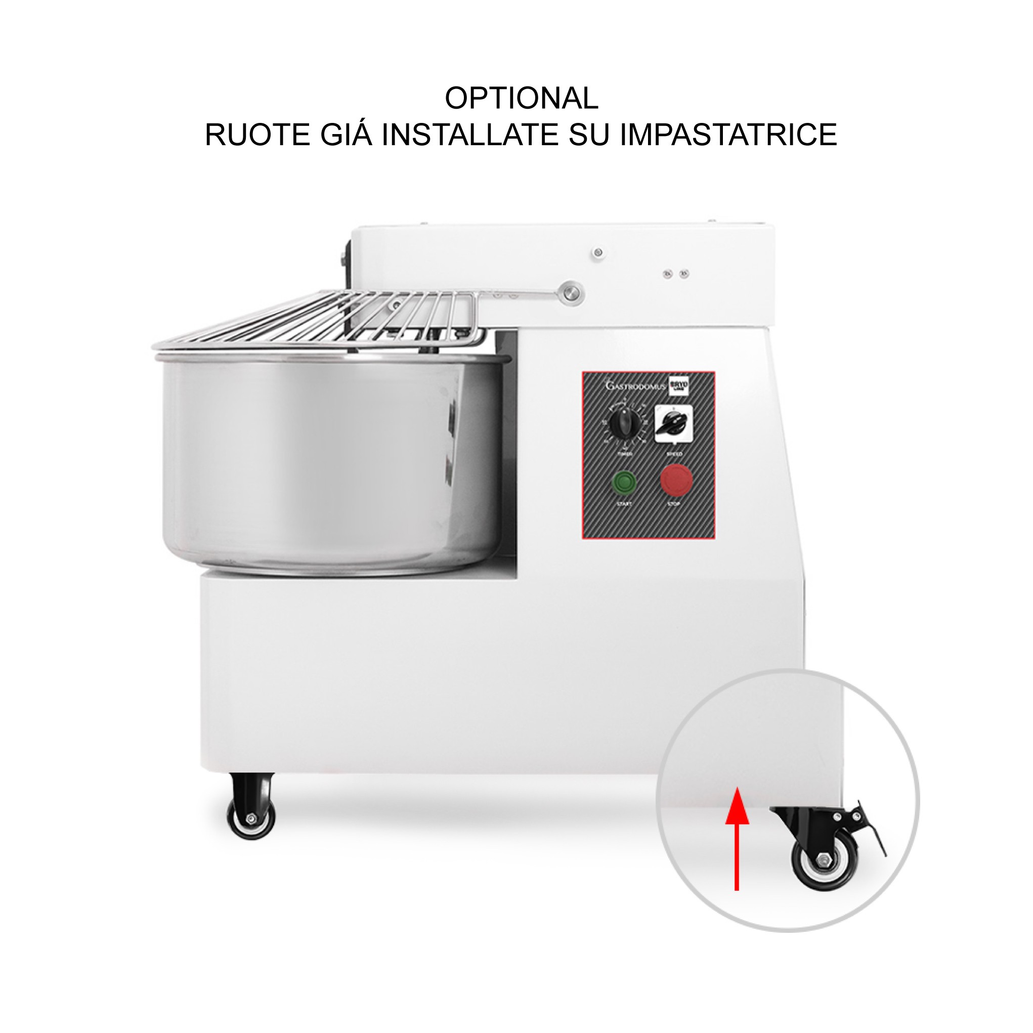 Ruote già montate su Impastatrice – Prodotto Pronto all’Uso (4 Ruote, 2 con Freno)