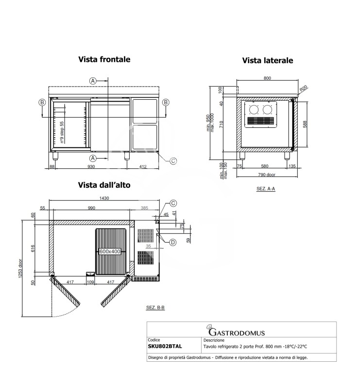 Tavolo refrigerato 2 porte alzatina Prof. 800 mm -18°C/-22°C classe energetica E