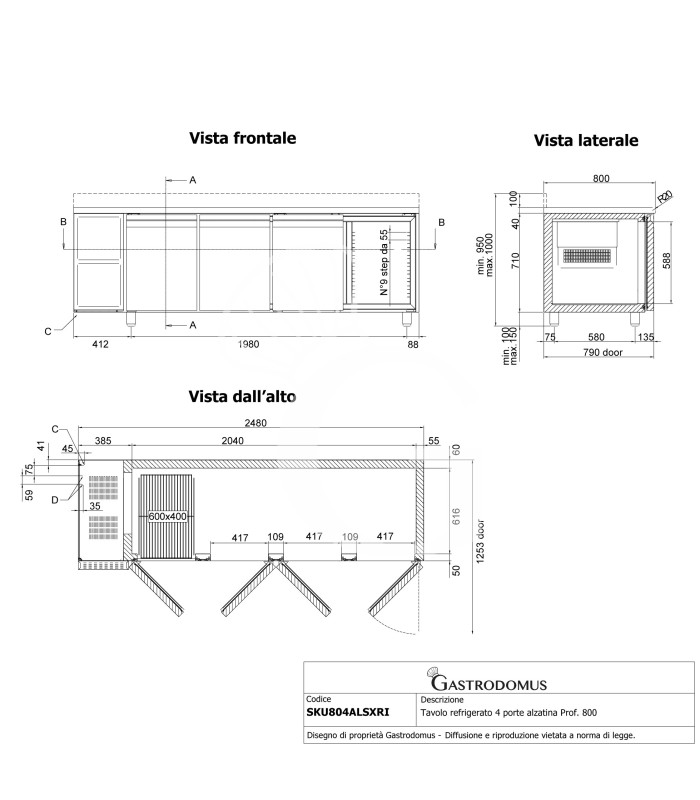 Tavolo Refrigerato 4 porte alzatina Prof. 800 mm 0°C/+10°C motore a sinistra classe energetica D