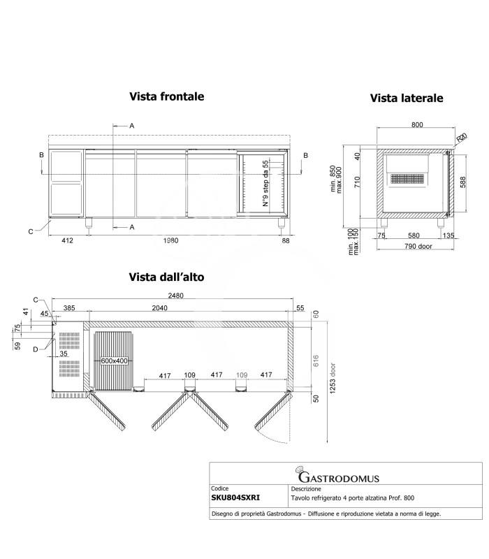 Tavolo Refrigerato 4 porte Prof. 800 0°C/+10°C motore a sinistra classe energetica A