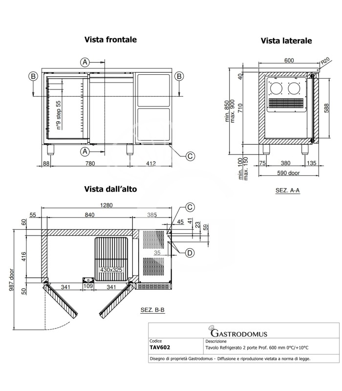 Tavolo Refrigerato 2 porte Prof. 600 mm 0°C/+10°C classe energetica A