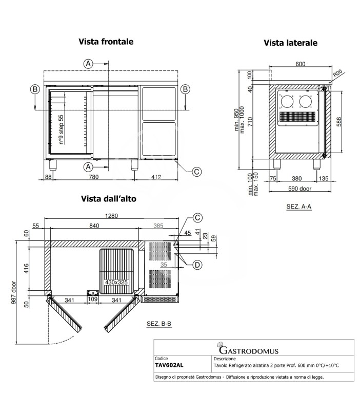 Tavolo Refrigerato 2 porte alzatina Prof. 600 mm 0°C/+10°C classe energetica A
