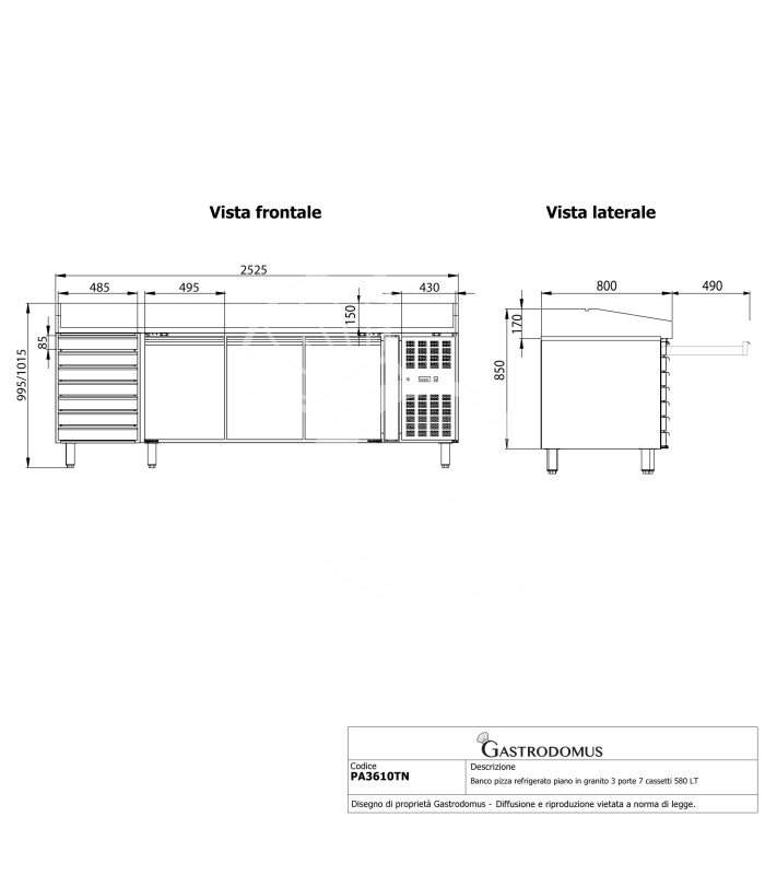 Banco pizza refrigerato piano in granito 3 porte 7 cassetti e vetrina 12 bacinelle GN1/3