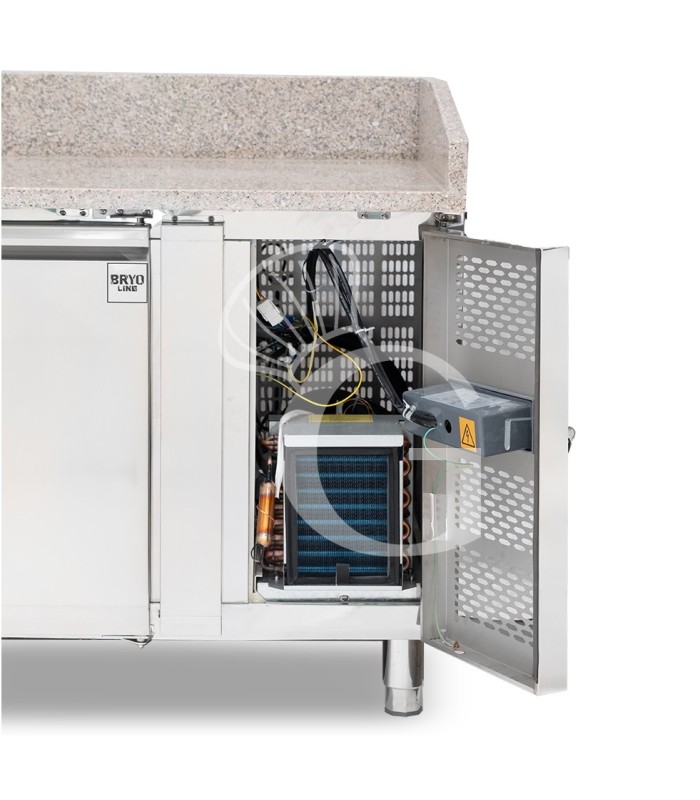 Banco Pizza refrigerato piano in granito 4 porte e vetrina 12 bacinelle GN1/3